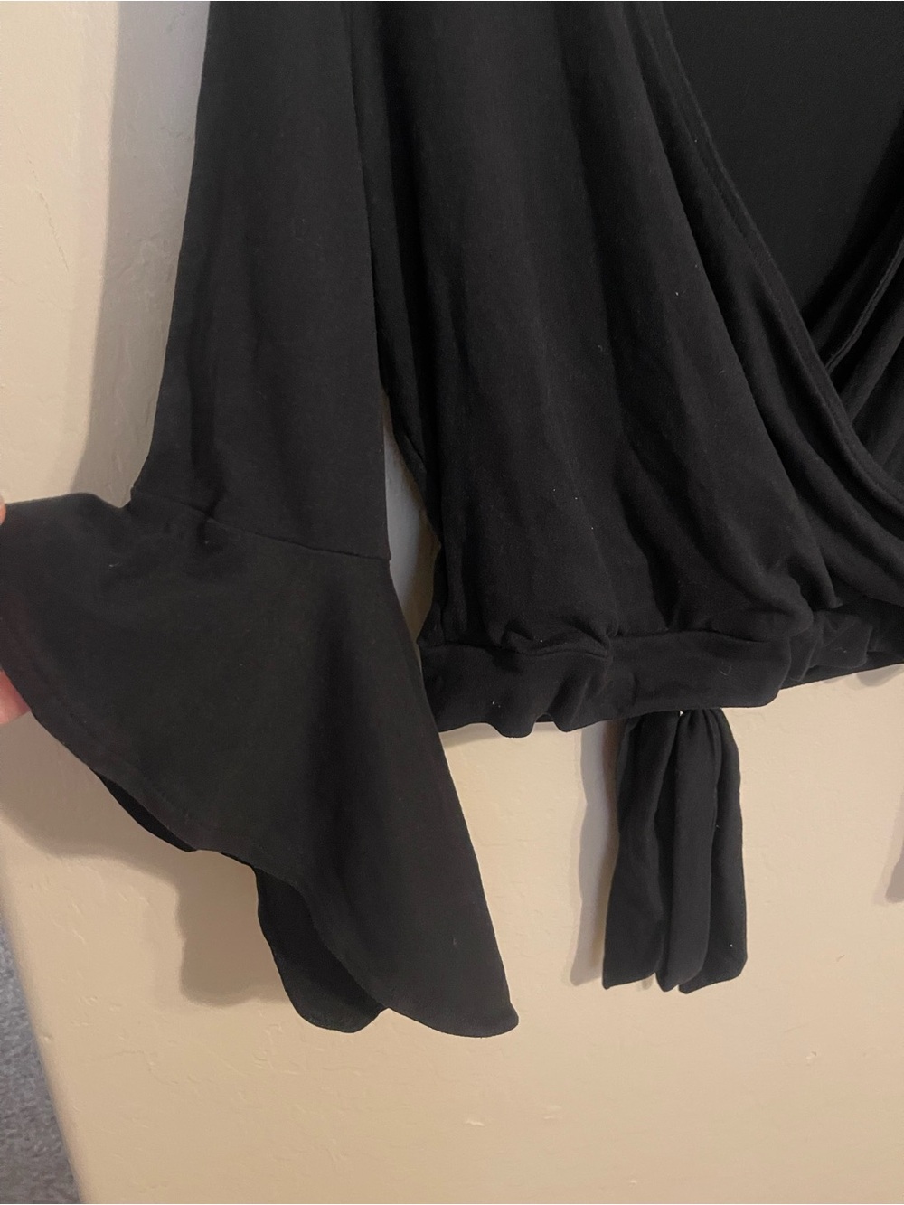 Witchy Black Wrap Tie Crop Top with Bell Sleeves - Picture 2 of 4